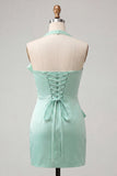Bodycon Mint Green Minter Necker Neck, renda de cetim com renda nas costas e vestido de laço