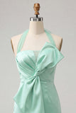 Bodycon Mint Green Minter Necker Neck, renda de cetim com renda nas costas e vestido de laço