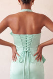 Bodycon Mint Green Minter Necker Neck, renda de cetim com renda nas costas e vestido de laço