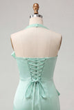 Bodycon Mint Green Minter Necker Neck, renda de cetim com renda nas costas e vestido de laço
