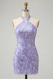 Bodycon vestido de regresso a casa roxo claro com decote halter
