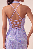 Bodycon vestido de regresso a casa roxo claro com decote halter
