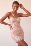 Vestido de Regresso a Casa Bodycon Bodycon Champanhe com Um Ombro Levantado nas Costas e Lantejoulas