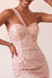 Vestido de Regresso a Casa Bodycon Bodycon Champanhe com Um Ombro Levantado nas Costas e Lantejoulas