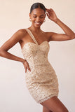 Vestido de Regresso a Casa Bodycon Bodycon Champanhe com Um Ombro Levantado nas Costas e Lantejoulas