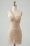 Vestido de Regresso a Casa Bodycon Bodycon Champanhe com Um Ombro Levantado nas Costas e Lantejoulas