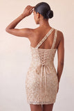 Vestido de Regresso a Casa Bodycon Bodycon Champanhe com Um Ombro Levantado nas Costas e Lantejoulas