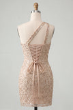 Vestido de Regresso a Casa Bodycon Bodycon Champanhe com Um Ombro Levantado nas Costas e Lantejoulas