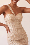 Vestido de Regresso a Casa Bodycon Bodycon Champanhe com Um Ombro Levantado nas Costas e Lantejoulas