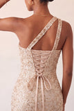 Vestido de Regresso a Casa Bodycon Bodycon Champanhe com Um Ombro Levantado nas Costas e Lantejoulas