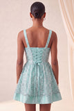 Vestido de regresso a casa azul azul A-line, decote quadrado, renda nas costas, com laço