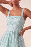 Vestido de regresso a casa azul azul A-line, decote quadrado, renda nas costas, com laço