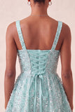 Vestido de regresso a casa azul azul A-line, decote quadrado, renda nas costas, com laço