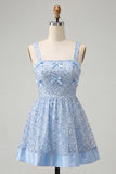 Vestido de regresso a casa azul azul A-line, decote quadrado, renda nas costas, com laço