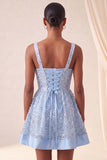 Vestido de regresso a casa azul azul A-line, decote quadrado, renda nas costas, com laço