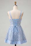 Vestido de regresso a casa azul azul A-line, decote quadrado, renda nas costas, com laço