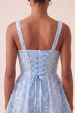 Vestido de regresso a casa azul azul A-line, decote quadrado, renda nas costas, com laço
