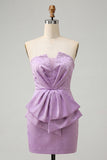 Vestido de boas-vindas roxo claro, bodycon sem alças, renda nas costas, pérolas franzidas