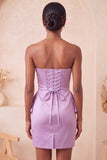 Vestido de boas-vindas roxo claro, bodycon sem alças, renda nas costas, pérolas franzidas