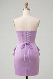 Vestido de boas-vindas roxo claro, bodycon sem alças, renda nas costas, pérolas franzidas