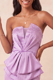 Vestido de boas-vindas roxo claro, bodycon sem alças, renda nas costas, pérolas franzidas