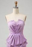 Vestido de boas-vindas roxo claro, bodycon sem alças, renda nas costas, pérolas franzidas