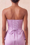 Vestido de boas-vindas roxo claro, bodycon sem alças, renda nas costas, pérolas franzidas