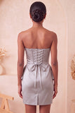 Vestido de boas-vindas roxo claro, bodycon sem alças, renda nas costas, pérolas franzidas