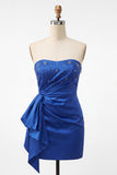 Vestido de Boas-Vindas Azul Real Cetim Azul Real Bodycon, Renda Levantada nas Costas, Missangas e Franzidas, Vestido de Boas-Vindas