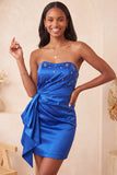 Vestido de Boas-Vindas Azul Real Cetim Azul Real Bodycon, Renda Levantada nas Costas, Missangas e Franzidas, Vestido de Boas-Vindas