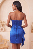 Vestido de Boas-Vindas Azul Real Cetim Azul Real Bodycon, Renda Levantada nas Costas, Missangas e Franzidas, Vestido de Boas-Vindas