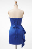 Vestido de Boas-Vindas Azul Real Cetim Azul Real Bodycon, Renda Levantada nas Costas, Missangas e Franzidas, Vestido de Boas-Vindas