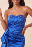 Vestido de Boas-Vindas Azul Real Cetim Azul Real Bodycon, Renda Levantada nas Costas, Missangas e Franzidas, Vestido de Boas-Vindas