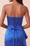 Vestido de Boas-Vindas Azul Real Cetim Azul Real Bodycon, Renda Levantada nas Costas, Missangas e Franzidas, Vestido de Boas-Vindas