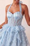 Vestido de regresso a casa, corset transparente verde menta com decote halter, floral e folhos e renda nas costas