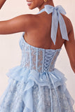 Vestido de regresso a casa, corset transparente verde menta com decote halter, floral e folhos e renda nas costas