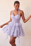 Vestido de regresso a casa, corset transparente verde menta com decote halter, floral e folhos e renda nas costas