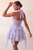 Vestido de regresso a casa, corset transparente verde menta com decote halter, floral e folhos e renda nas costas