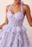 Vestido de regresso a casa, corset transparente verde menta com decote halter, floral e folhos e renda nas costas
