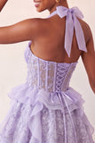 Vestido de regresso a casa, corset transparente verde menta com decote halter, floral e folhos e renda nas costas
