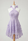 Vestido de regresso a casa, com decote lilas, linha A, pérolas florais high low low com renda nas costas
