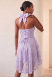 Vestido de regresso a casa, com decote lilas, linha A, pérolas florais high low low com renda nas costas