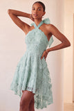 Vestido de regresso a casa, com decote lilas, linha A, pérolas florais high low low com renda nas costas