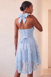 Vestido de regresso a casa, com decote lilas, linha A, pérolas florais high low low com renda nas costas