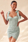 Espartilho bodycon Sage Poeirento, Vestido de Finalistas com Fitas Florais com Laço, Vestido de Regresso a Casa com Renda Nas Costas