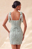 Espartilho bodycon Sage Poeirento, Vestido de Finalistas com Fitas Florais com Laço, Vestido de Regresso a Casa com Renda Nas Costas