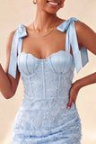 Espartilho bodycon Sage Poeirento, Vestido de Finalistas com Fitas Florais com Laço, Vestido de Regresso a Casa com Renda Nas Costas