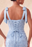 Espartilho bodycon Sage Poeirento, Vestido de Finalistas com Fitas Florais com Laço, Vestido de Regresso a Casa com Renda Nas Costas