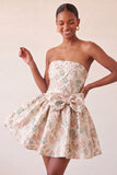Vestido de regresso a casa azul A-strapless A-Line A-Line Floral com Renda Atrás e Laço