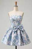 Vestido de regresso a casa azul A-strapless A-Line A-Line Floral com Renda Atrás e Laço